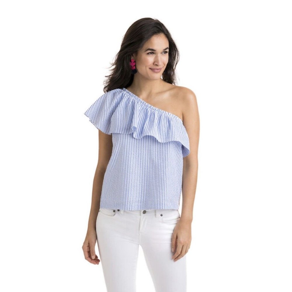 VINEYARD VINES Seersucker one Shoulder ruffle preppy Top Blue White Stripe 4